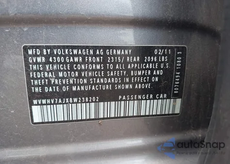 2011 Volkswagen Gti 4-Door from USA, damaged, VIN WVWHV7AJXBW238202